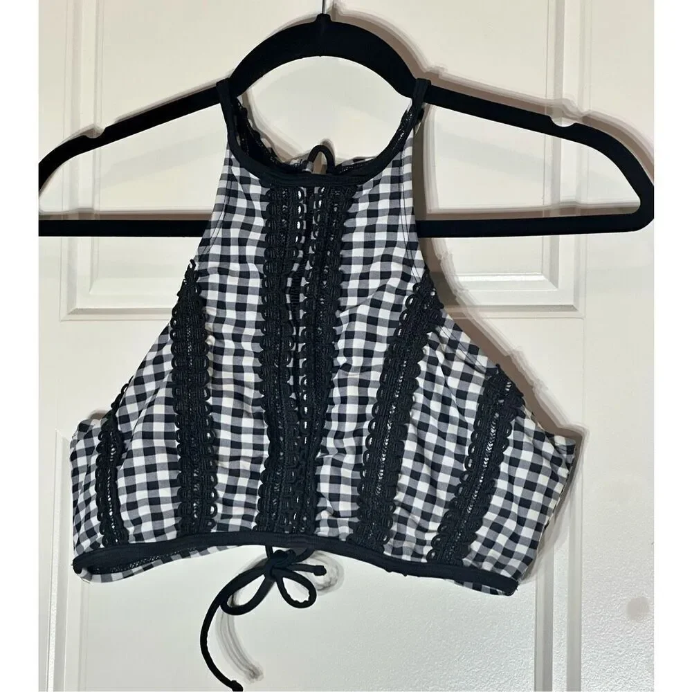 Betsey Johnson size L swim bikini top Gingham black/ white